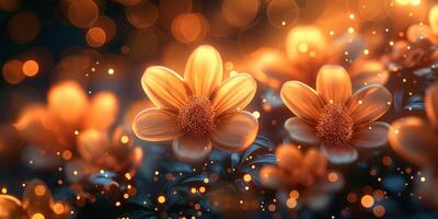 Vibrant orange flowers illuminated in a dreamy bokeh background, creating a magical and enchanting atmosphere. photo