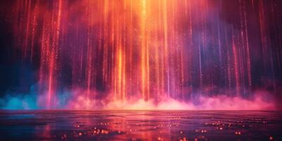 A vibrant, ethereal scene featuring cascading colorful light beams emanating from a misty background. photo