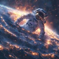 A male astronaut, dressed in a space suit, explores a vibrant cosmic landscape filled with colorful galaxies and stars. photo