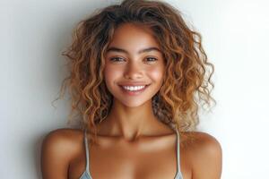 Smiling young woman with curly hair, radiating joy and confidence against a neutral background. photo