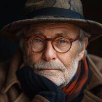 An elderly Caucasian man with glasses and a stylish hat, reflecting a thoughtful expression in a dimly lit setting. photo
