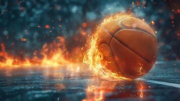 A fiery basketball rolling on a court, showcasing intense motion and dynamic energy in a dramatic setting. photo
