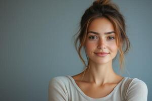 Young Caucasian woman with a warm smile, showcasing natural beauty against a soft gray background. photo