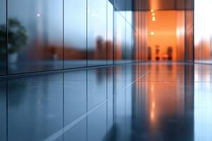 A sleek and modern corridor with reflections, showcasing a blend of warm and cool tones. photo