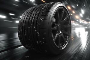 Dynamic close-up of a black racing tire in motion, showcasing its tread and sleek design against a blurred background. photo
