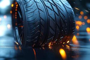 A close-up of a high-performance car tire, glistening with water droplets, illuminated by a warm glow. photo
