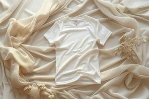 Elegant white t-shirt lying atop soft, flowing fabric with delicate flowers, exuding a minimalist aesthetic. photo