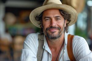 Smiling Hispanic man in a hat, showcasing a warm and inviting expression in a casual setting. photo