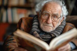 An elderly Caucasian man with glasses, deeply engrossed in a book, radiating wisdom and contemplation. photo