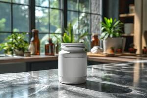 A blank white bottle on a marble countertop with natural light pouring in, creating a serene atmosphere. photo