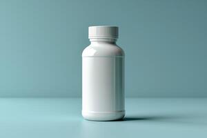 A clean, minimalist white bottle stands against a soft teal background, showcasing modern packaging design. photo
