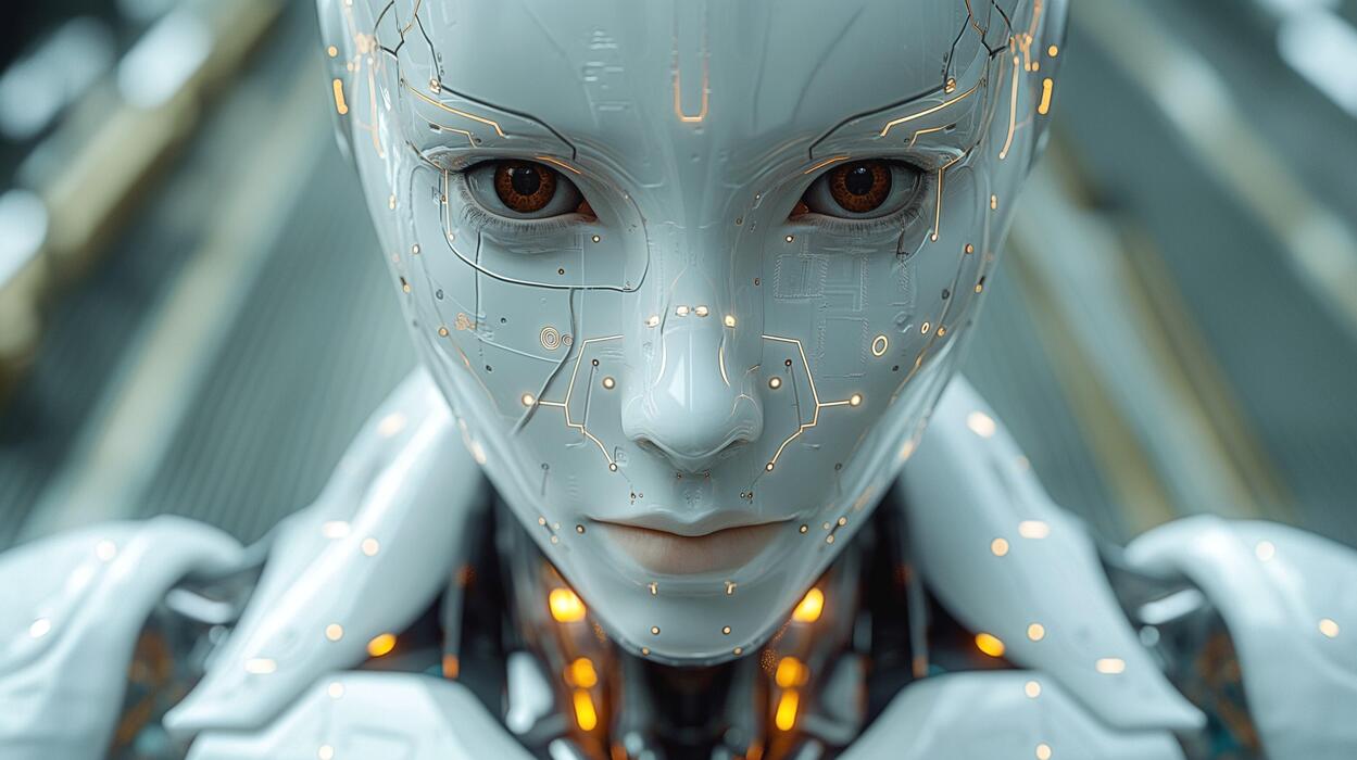 Close-up of a futuristic female robot with intricate