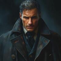 A brooding Caucasian man in a dark, vintage coat, exuding an air of mystery and intensity. photo