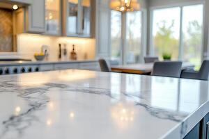 A beautifully designed modern kitchen with a luxurious marble countertop, soft lighting, and a cozy dining area in the background. photo
