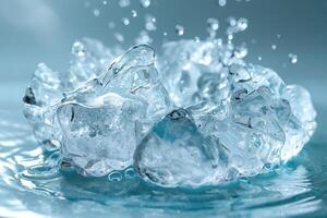 Close-up of crystal-clear water splashing, creating ripples and droplets against a soft blue backdrop. photo