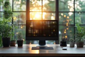 A serene workspace featuring a sleek monitor surrounded by lush greenery and soft sunlight filtering through large windows. photo