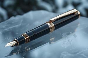 Elegant black fountain pen with gold accents resting on ice, exuding sophistication and luxury. photo