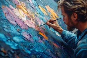 A focused young Caucasian man passionately painting an abstract artwork with vibrant colors and textures. photo
