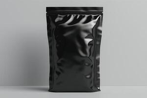 Sleek black packaging bag on a minimalist backdrop, ideal for showcasing products. photo
