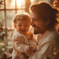 A joyful father, with long hair and a beard, smiles affectionately while holding his adorable toddler in a cozy, sunlit room. photo