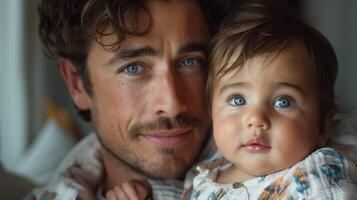 A smiling Hispanic man and his adorable baby, both with captivating blue eyes, enjoying a tender moment together. photo