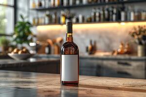 Elegant bottle of wine on a kitchen countertop, surrounded by soft lighting and modern decor. photo