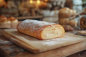 A freshly baked golden-brown pastry elegantly displayed on wooden parchment. photo