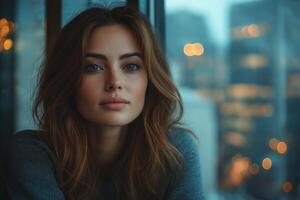 A young Caucasian woman with wavy brown hair gazes thoughtfully from a cozy urban setting, soft lighting creating a serene atmosphere. photo