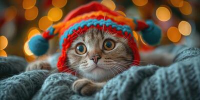An adorable domestic cat wearing a colorful knit hat relaxes amidst a soft, cozy blanket with a festive bokeh background. photo