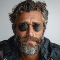 A rugged Caucasian man with a flowing beard and curly hair, wearing stylish sunglasses and a leather jacket, exudes confidence and charisma. photo
