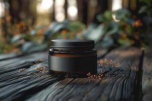A sleek, dark jar sits on a wooden surface surrounded by greenery, evoking a natural and calming ambiance. photo