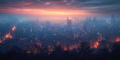 A breathtaking twilight view of a vibrant city skyline, illuminated under a dramatic sky with hues of orange and blue. photo