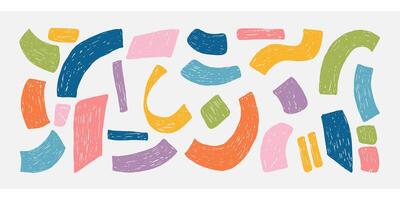 Crayon Abstract Confetti Shapes and Forms Set. Hand drawn retro confetti with crayon, chalk or charcoal texture drawn manual on paper. Bold groovy various confetti shapes set vector