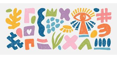 Crayon Abstract Shapes and Forms Set. Hand drawn wierd retro shapes with crayon, chalk or charcoal texture drawn manual on paper. Bold groovy bizarre shapes in trendy crayon drawing style. vector