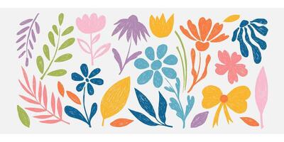 Crayon Abstract Flowers and Leaves Set. Hand drawn floral shapes with crayon, chalk or charcoal texture drawn manual on paper. Bold Flowers and leaves in trendy crayon drawing style. vector