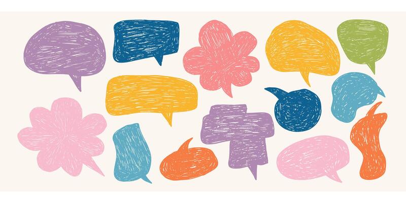 Colorful crayon speech bubbles. Hand drawn doodle communication speech bubbles in crayon or chalk texture. Retro crayon text boxes, dialog comic design. Charcoal, crayon drawn different talk balloon