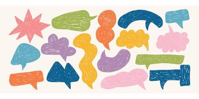 Abstract crayon speech bubbles. Hand drawn doodle communication speech bubbles in crayon or chalk texture. Retro crayon text boxes, dialog comic design. Charcoal, crayon drawn different talk balloon vector