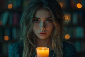 A young woman with long, wavy hair holds a glowing candle, exuding serenity in a softly lit, intimate setting. photo