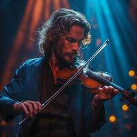 un enfocado masculino músico de Medio este descendencia cautiva el audiencia mientras jugando el violín en etapa debajo dramático Encendiendo. foto