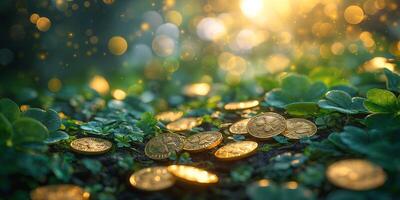 A dreamy scene of golden coins scattered among vibrant green clovers, illuminated by soft sunlight and bokeh effects. photo