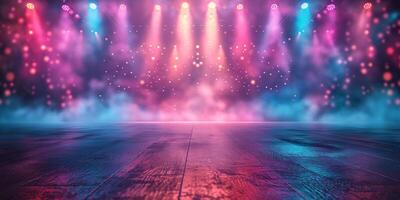 A vibrant stage with colorful lights and fog, perfect for performances and events. photo