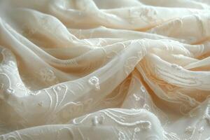 Delicate cream-colored fabric featuring intricate embroidered floral patterns. photo
