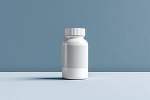 A minimalist white bottle on a smooth surface against a soft blue backdrop, perfect for health and wellness themes. photo