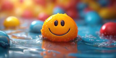 A vibrant yellow smiley face float amidst colorful bubbles in a playful, cheerful atmosphere. photo