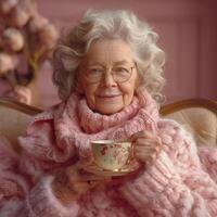An elderly Caucasian woman in a cozy pink sweater, sipping tea in a softly lit setting that radiates warmth and comfort. photo