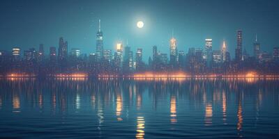 A stunning night view of a city skyline reflecting on calm waters under a full moon. photo