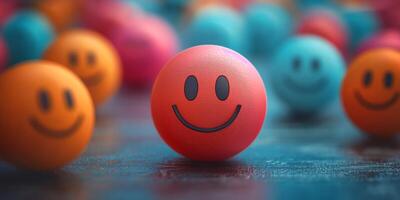 A vibrant array of colorful smiley face balls, featuring a prominent red one in the foreground, radiating joy. photo
