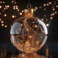 A stunning glass Christmas ornament with golden swirls, reflecting ambient lights in a festive setting. photo