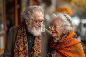 Elderly couple, a smiling white man and woman, share a tender moment outdoors, wrapped in colorful scarves amidst a warm autumn atmosphere. photo