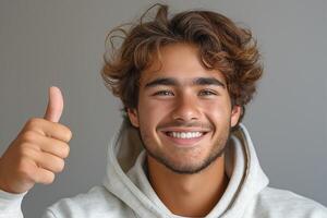 Smiling young man gives a thumbs up, embodying positivity and confidence. photo